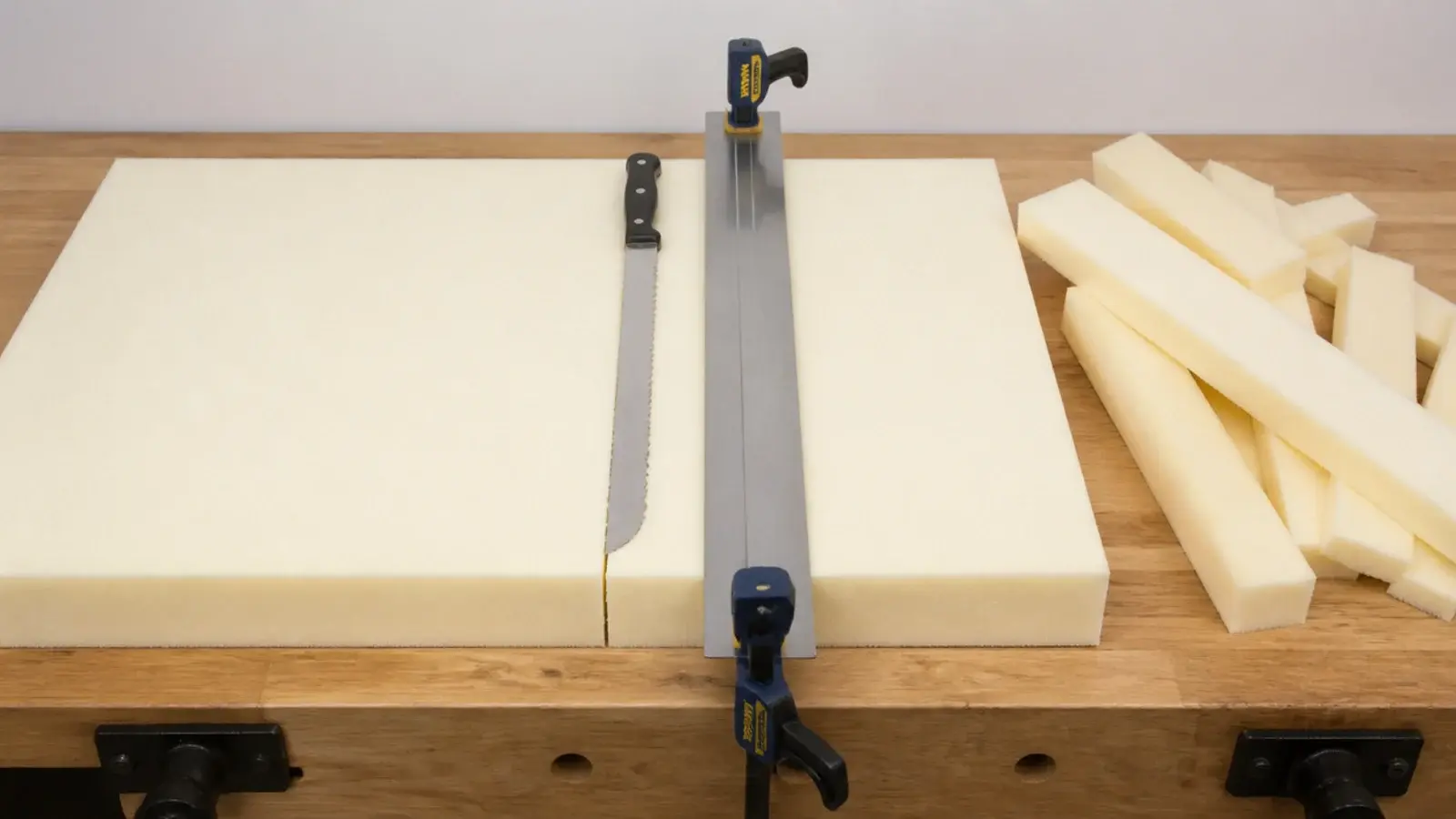 serrated knife slicing two inch upholstery foam for a diy headboard