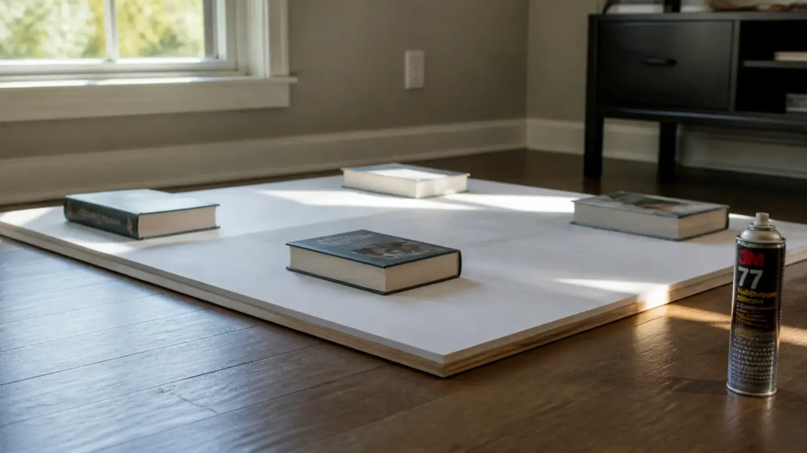 foam sheet pressed onto a plywood headboard panel with books as weights