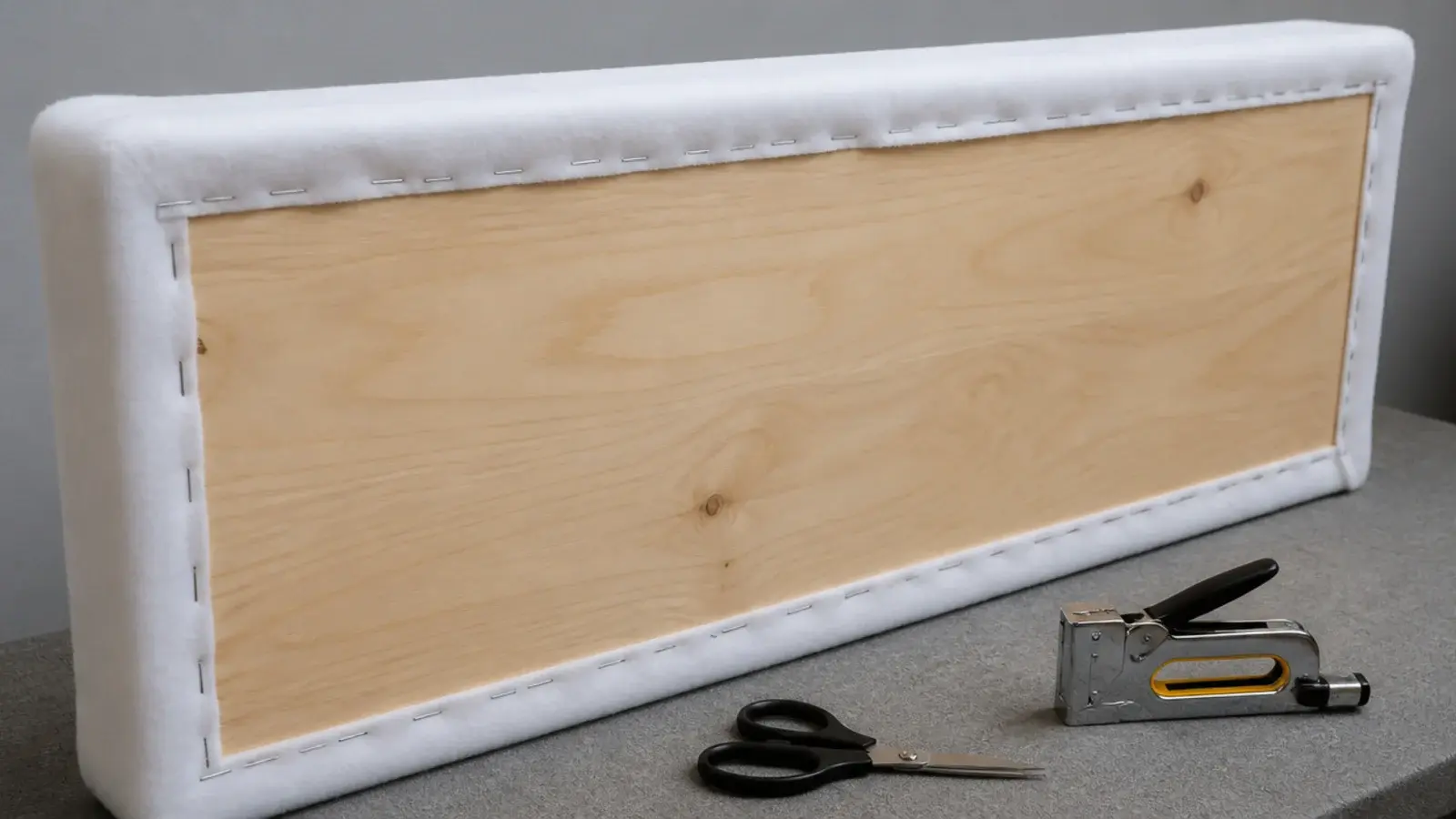 polyester batting stapled around the back of an upholstered headboard panel