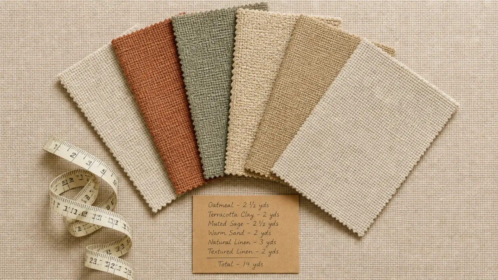 upholstery fabric swatches in clay sage and oatmeal fanned on a linen surface