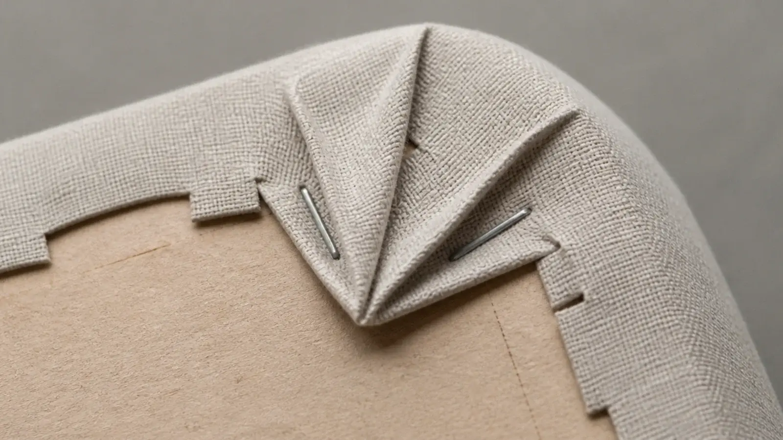 neatly folded fabric corner pleat on the back of a diy headboard panel