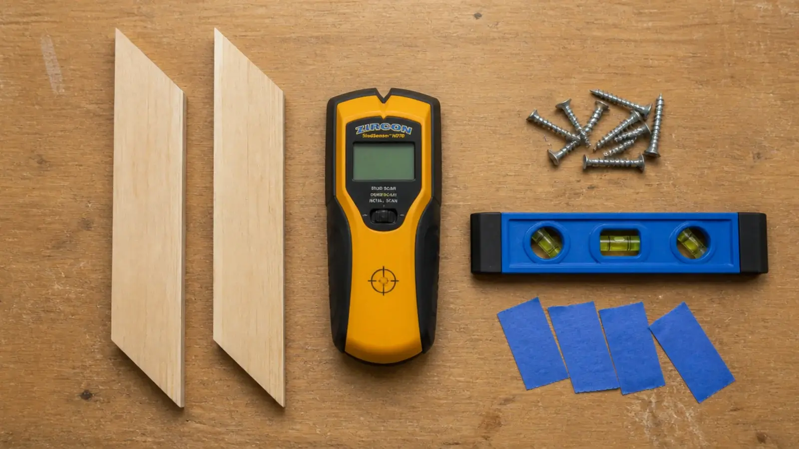 french cleat strips cut at forty five degrees beside a stud finder and screws