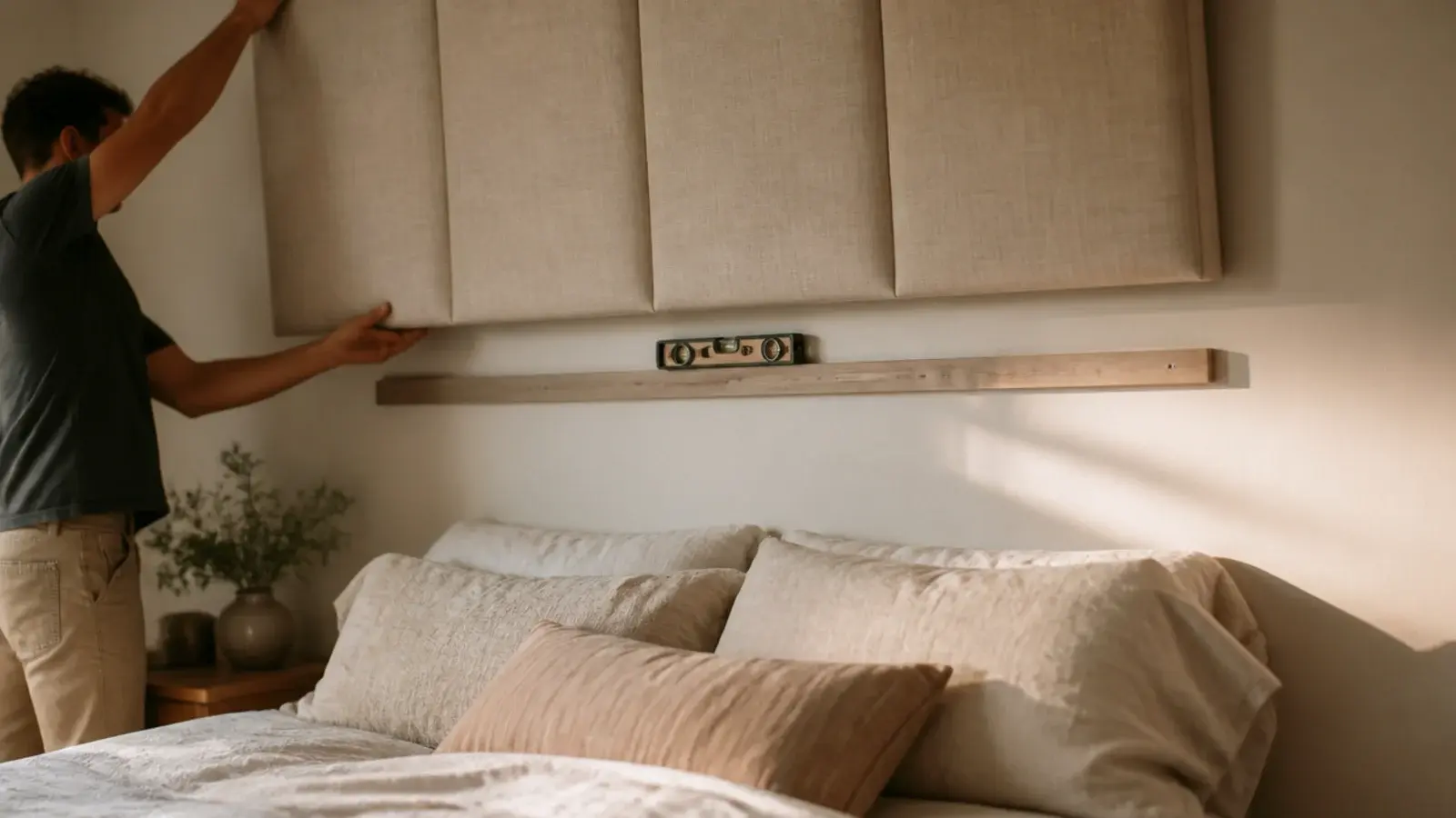 upholstered headboard lowered onto a wall cleat above a linen dressed bed