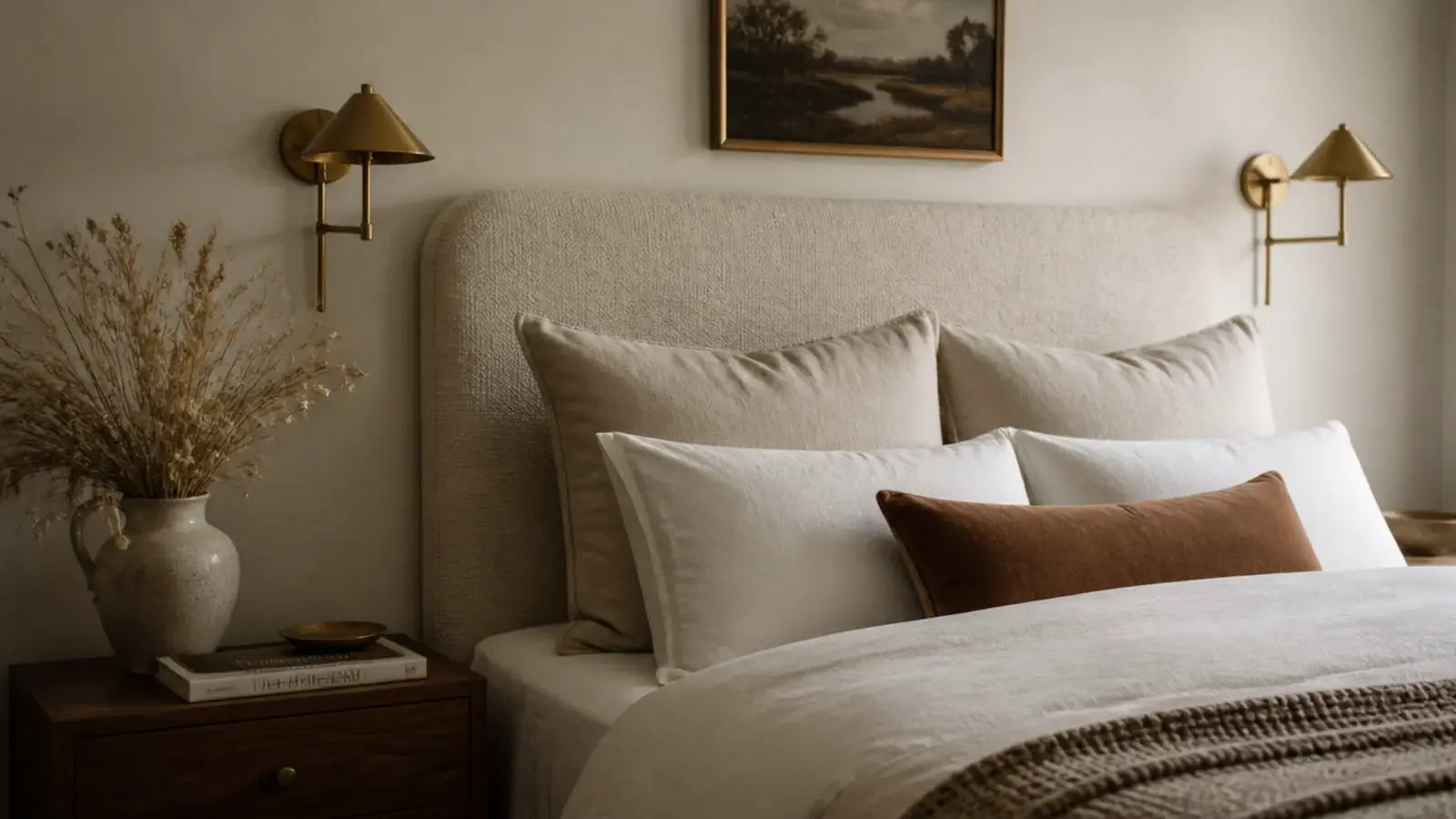 finished linen headboard styled with euro shams brass sconces and stoneware