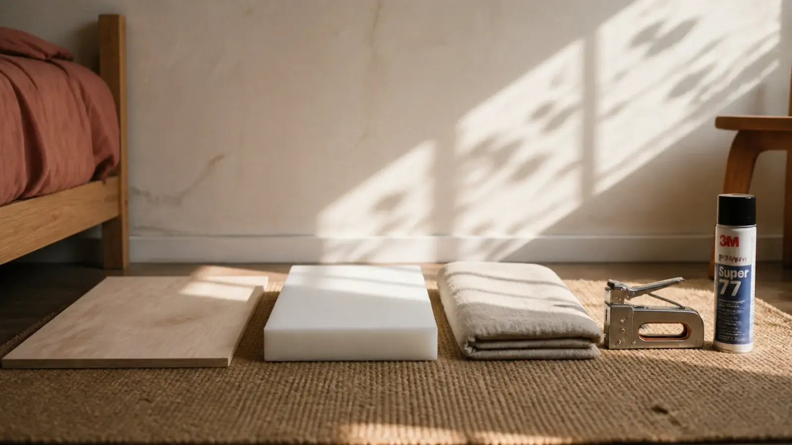 plywood panel foam and oatmeal linen laid out for a diy headboard build