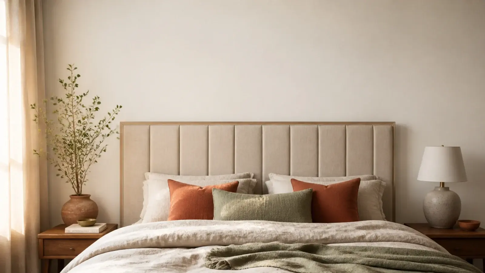 vertical guide image of a finished diy upholstered headboard above a linen bed