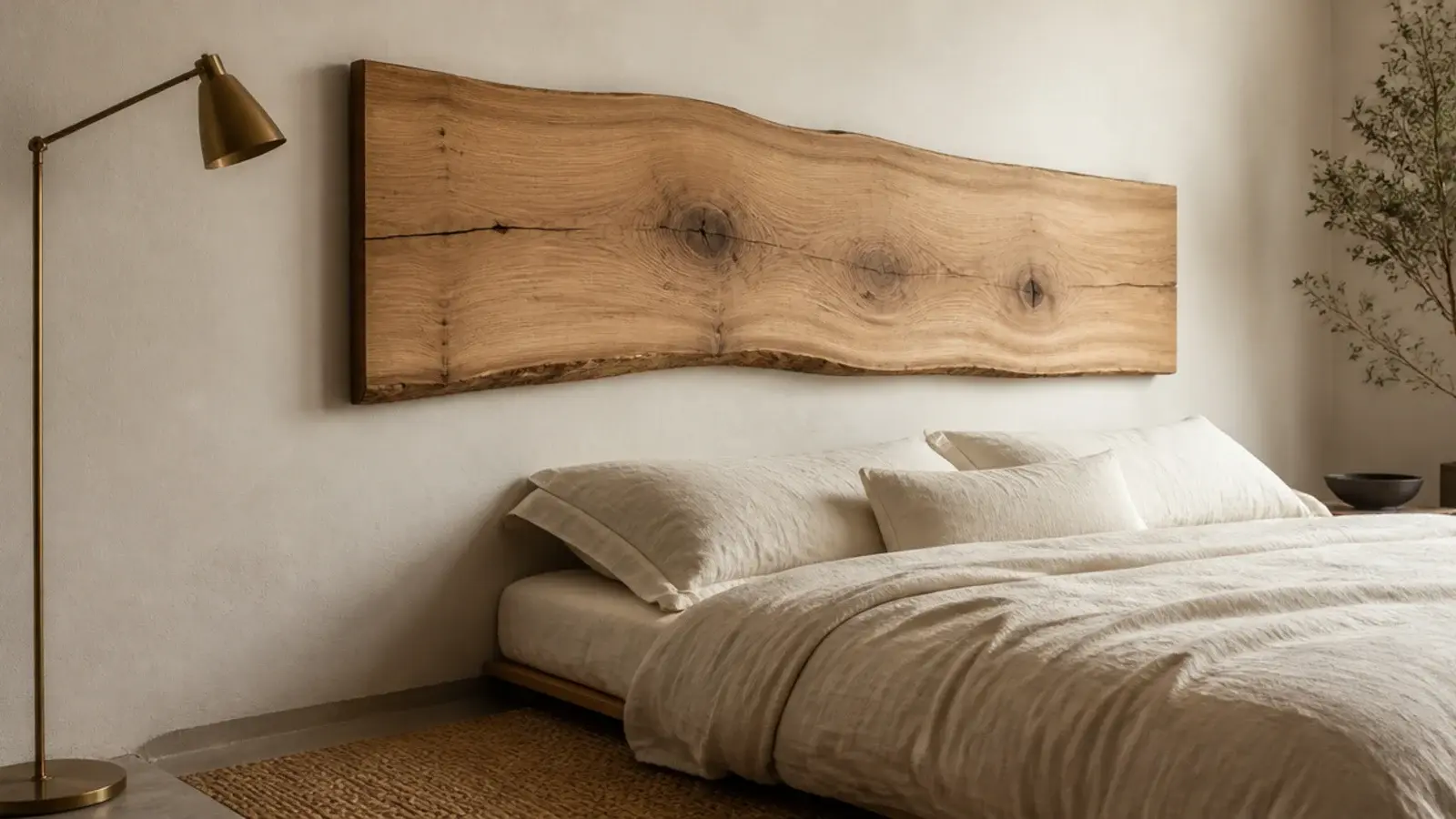 thick floating oak slab headboard hung clear above a low bed