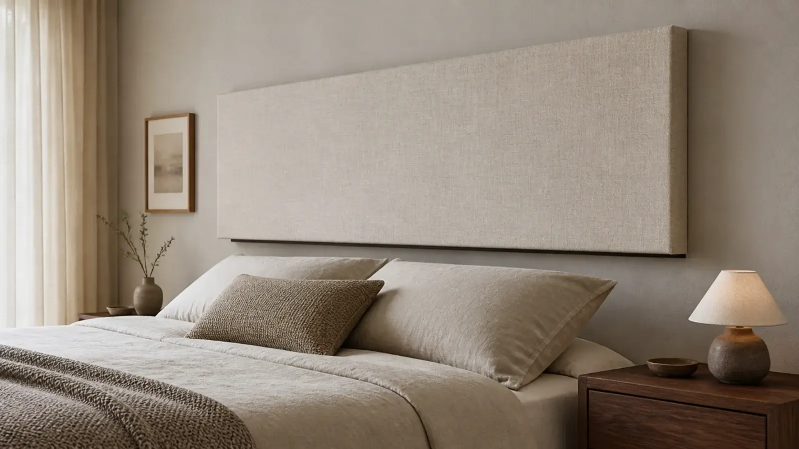 upholstered linen panel floating above a bed with a shadow gap