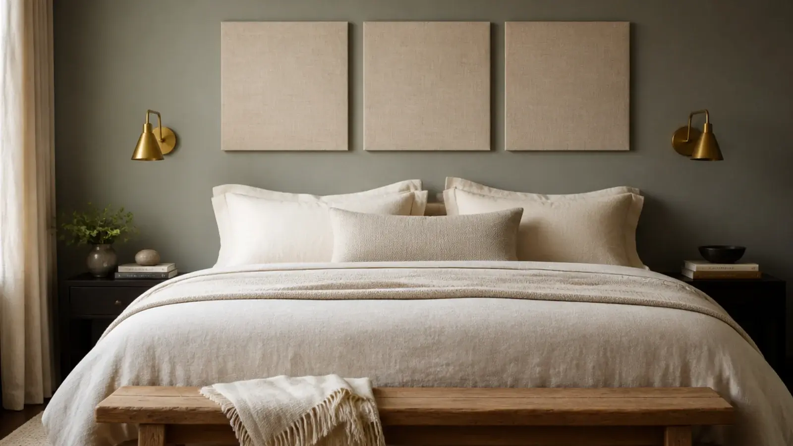 three floating upholstered panels spaced evenly above a wide bed