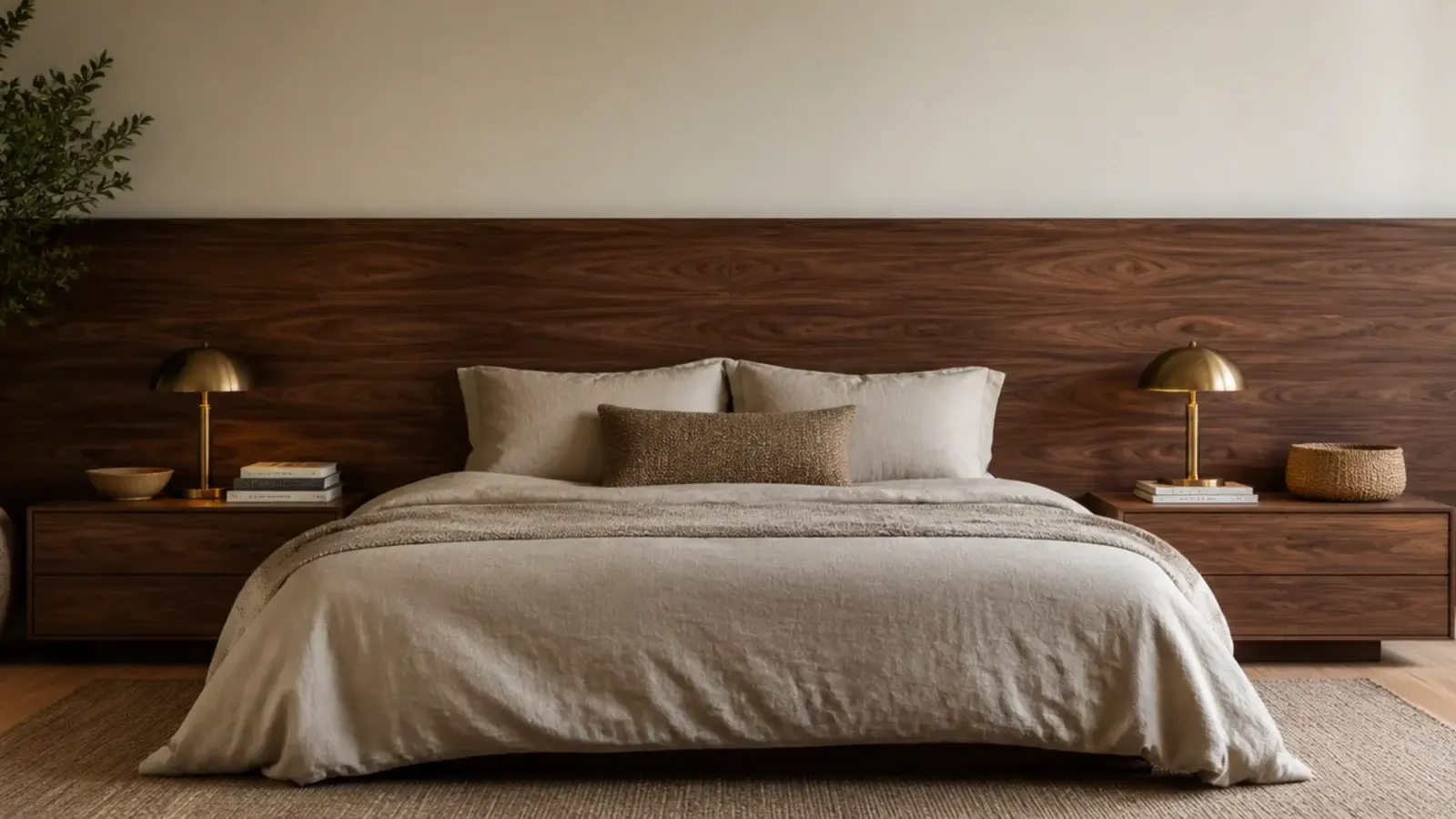 wide floating headboard panel running behind both bedside tables