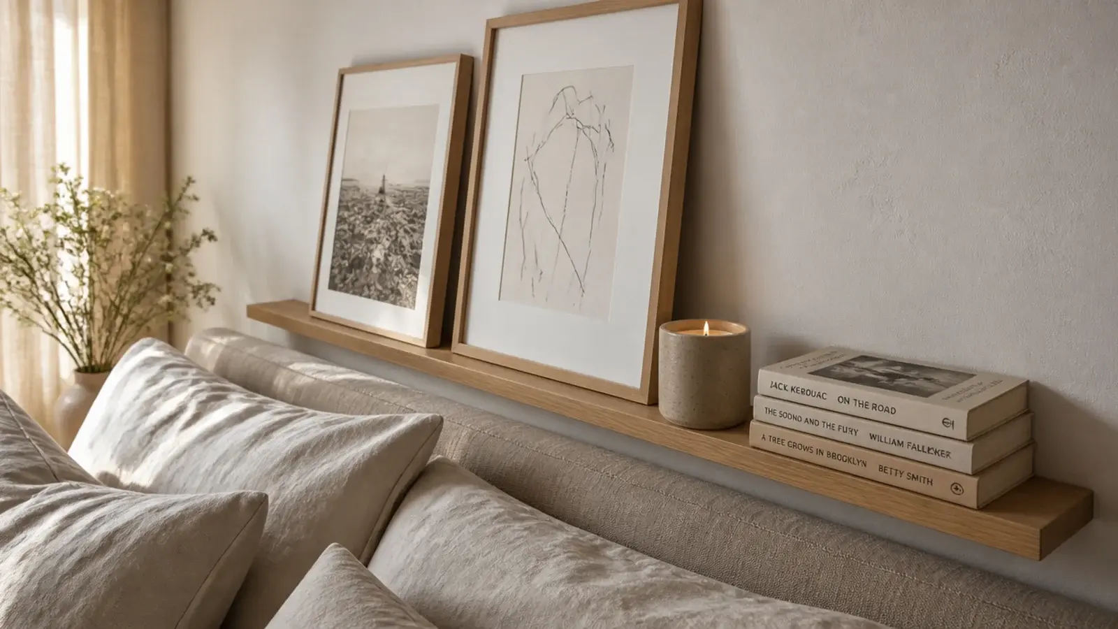 slim floating ledge acting as a headboard above stacked pillows