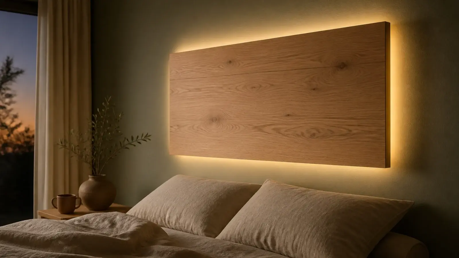 backlit floating headboard panel glowing warmly against a dark wall