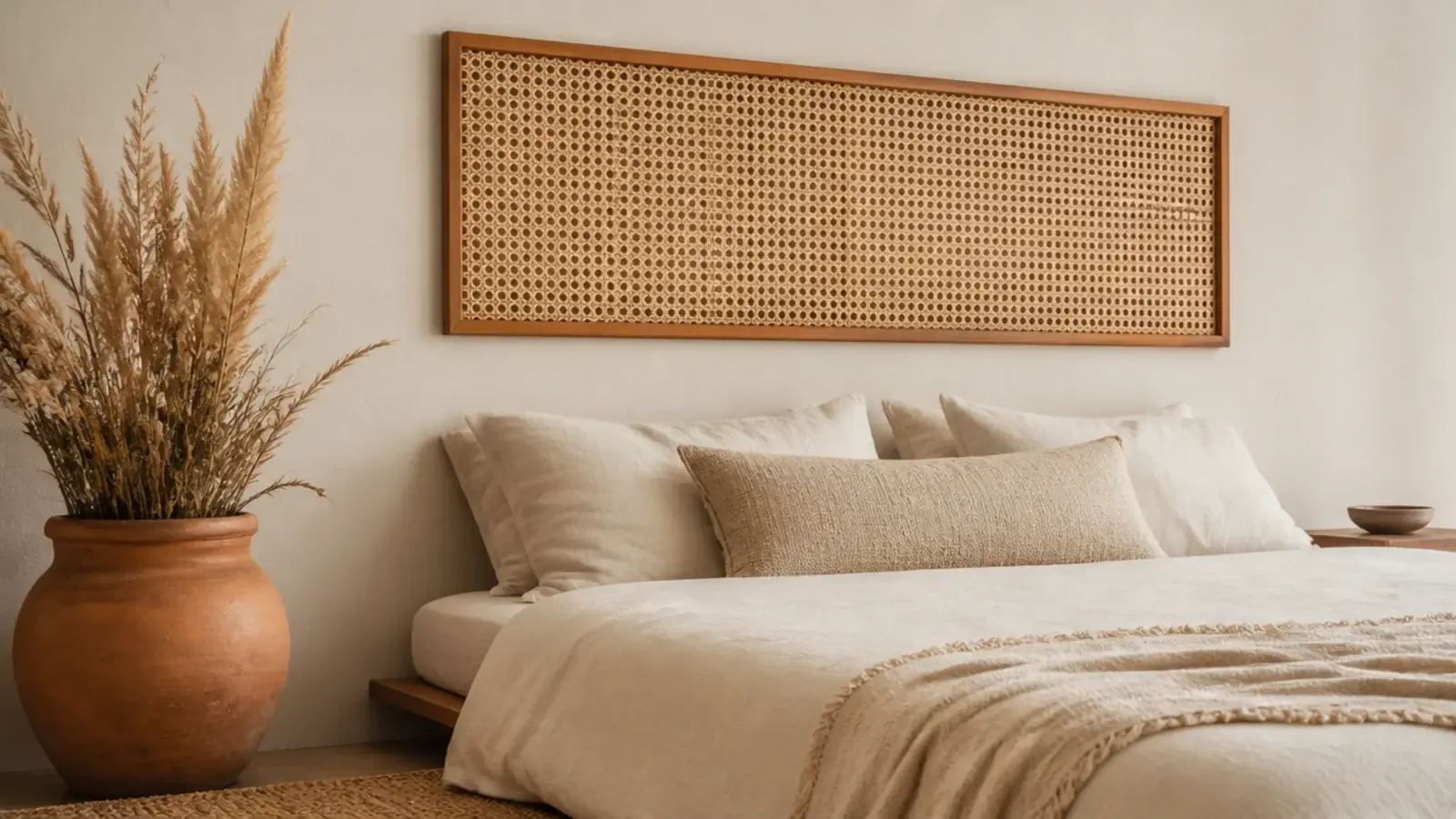 woven cane panel floating in a slim oak frame above pillows
