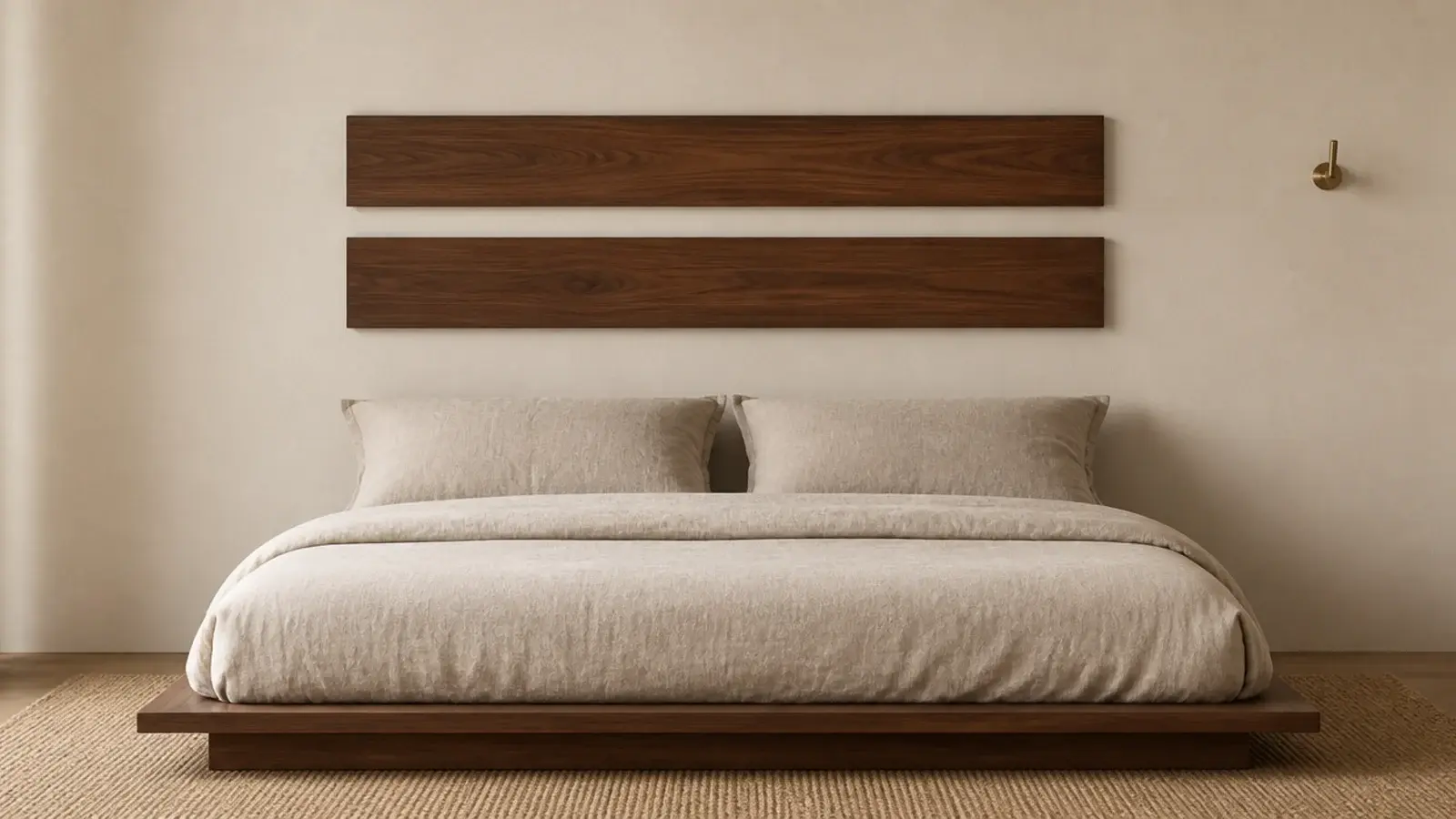 two slim floating slabs stacked with a gap above a bed