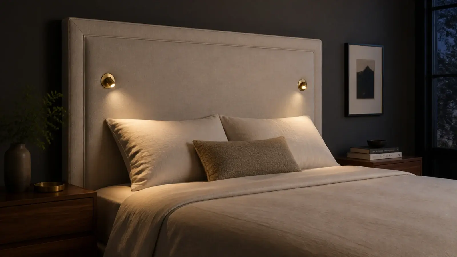 floating headboard panel with two recessed reading lights built in