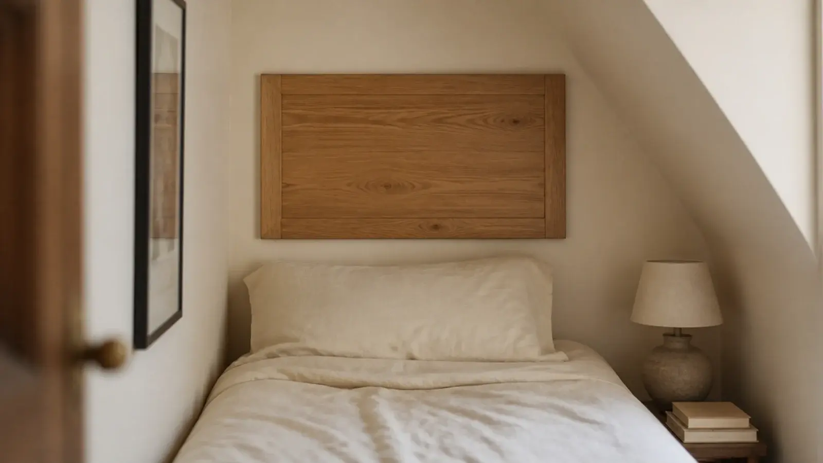 compact floating headboard sized to a twin mattress in a nook