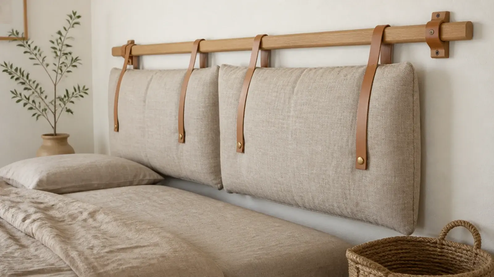 padded cushion hanging from leather straps on a wall rail