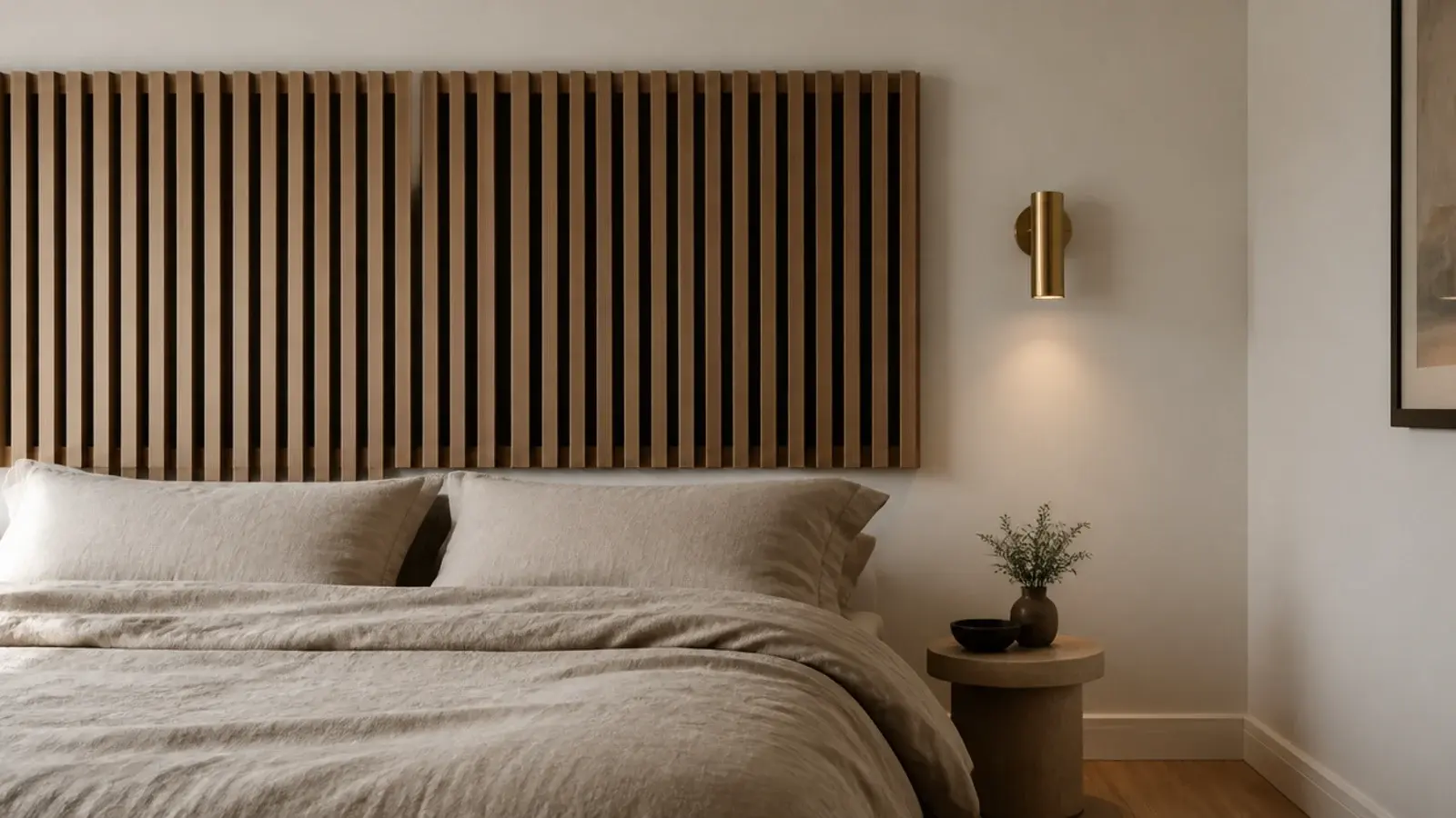 vertical slatted wood panel floating above a linen dressed bed