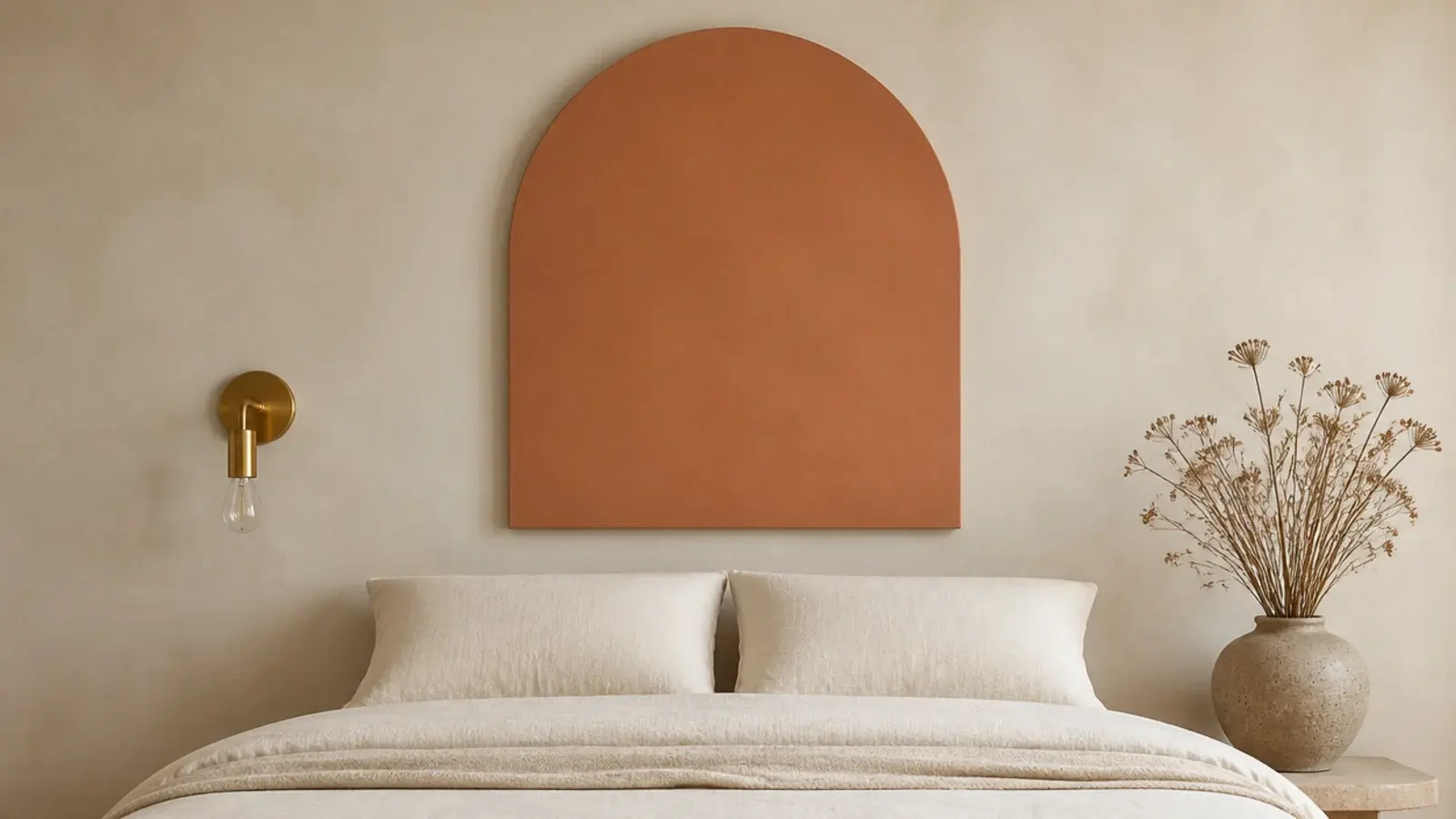 arched plywood headboard panel painted clay floating above a bed