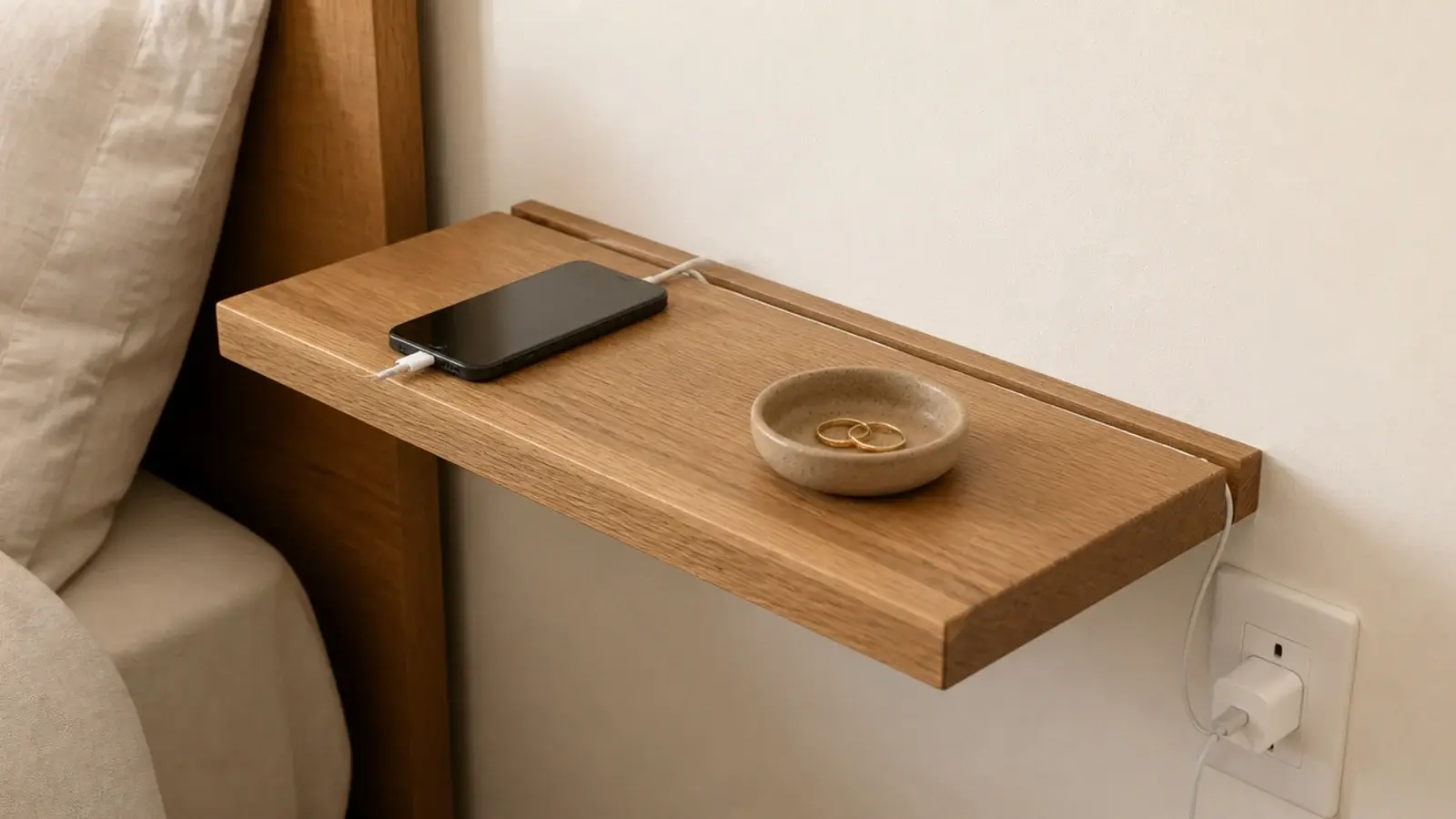 floating headboard panel hiding phone cables in a routed channel