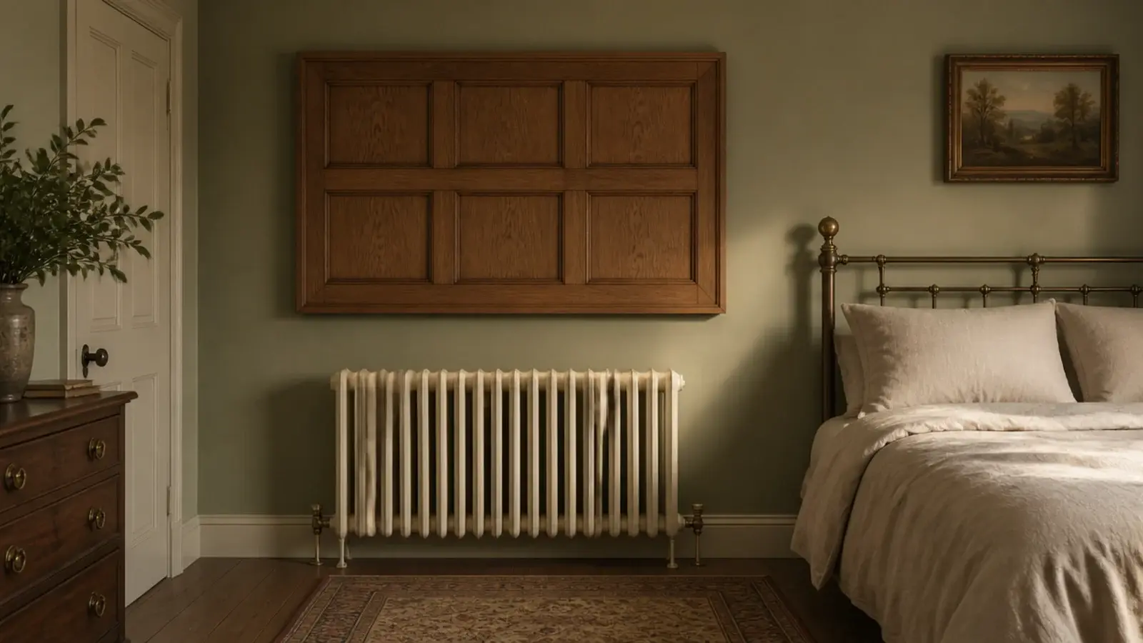 floating headboard mounted with clearance above a bedroom radiator