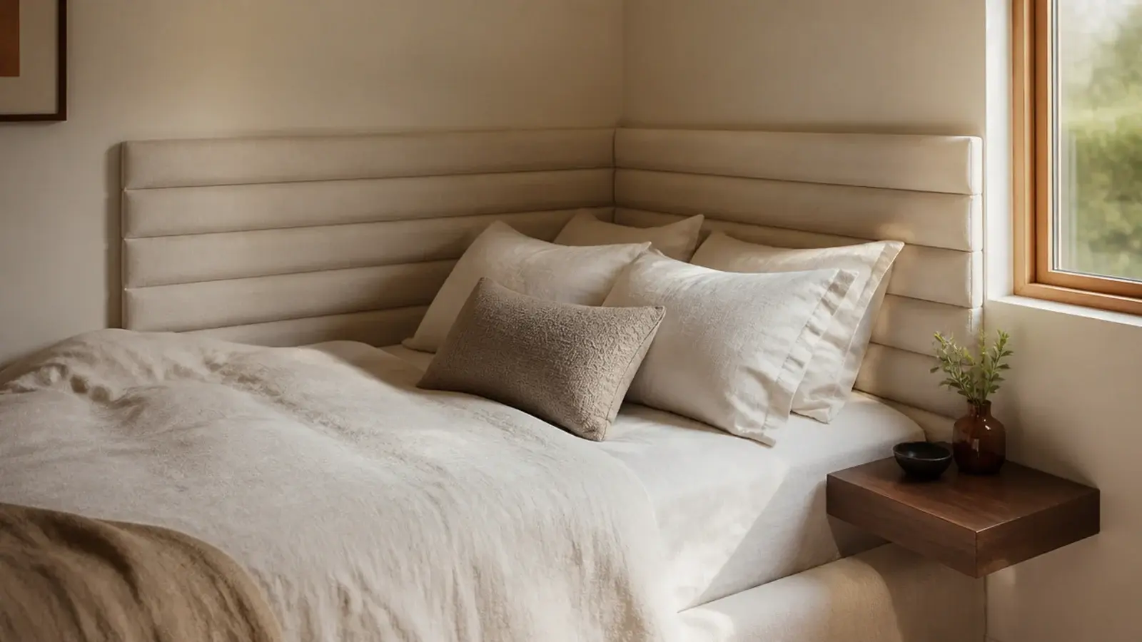 floating headboard wrapping a corner behind a bed in a nook