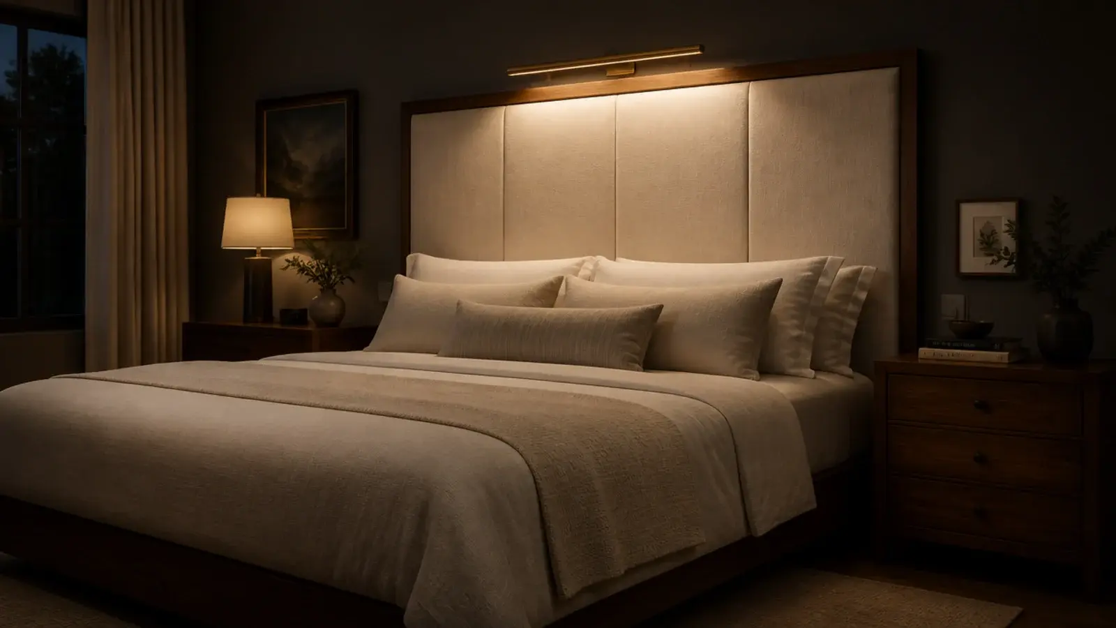 brass picture light mounted above a floating upholstered headboard panel