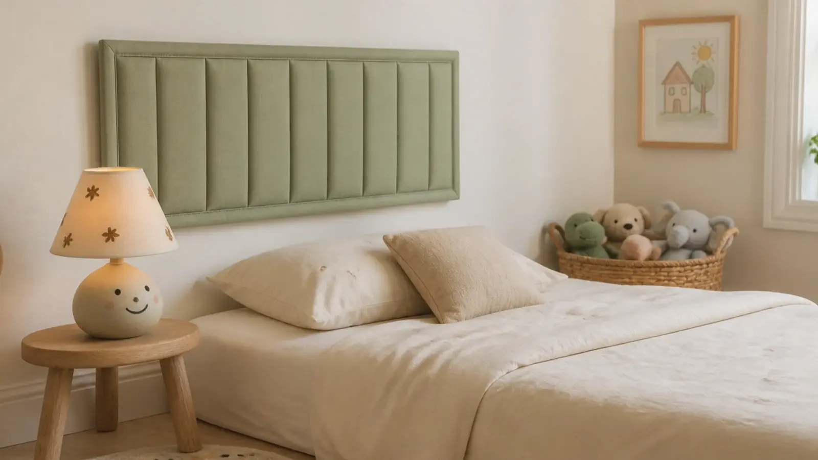 low floating headboard panel in a child bedroom above a bed