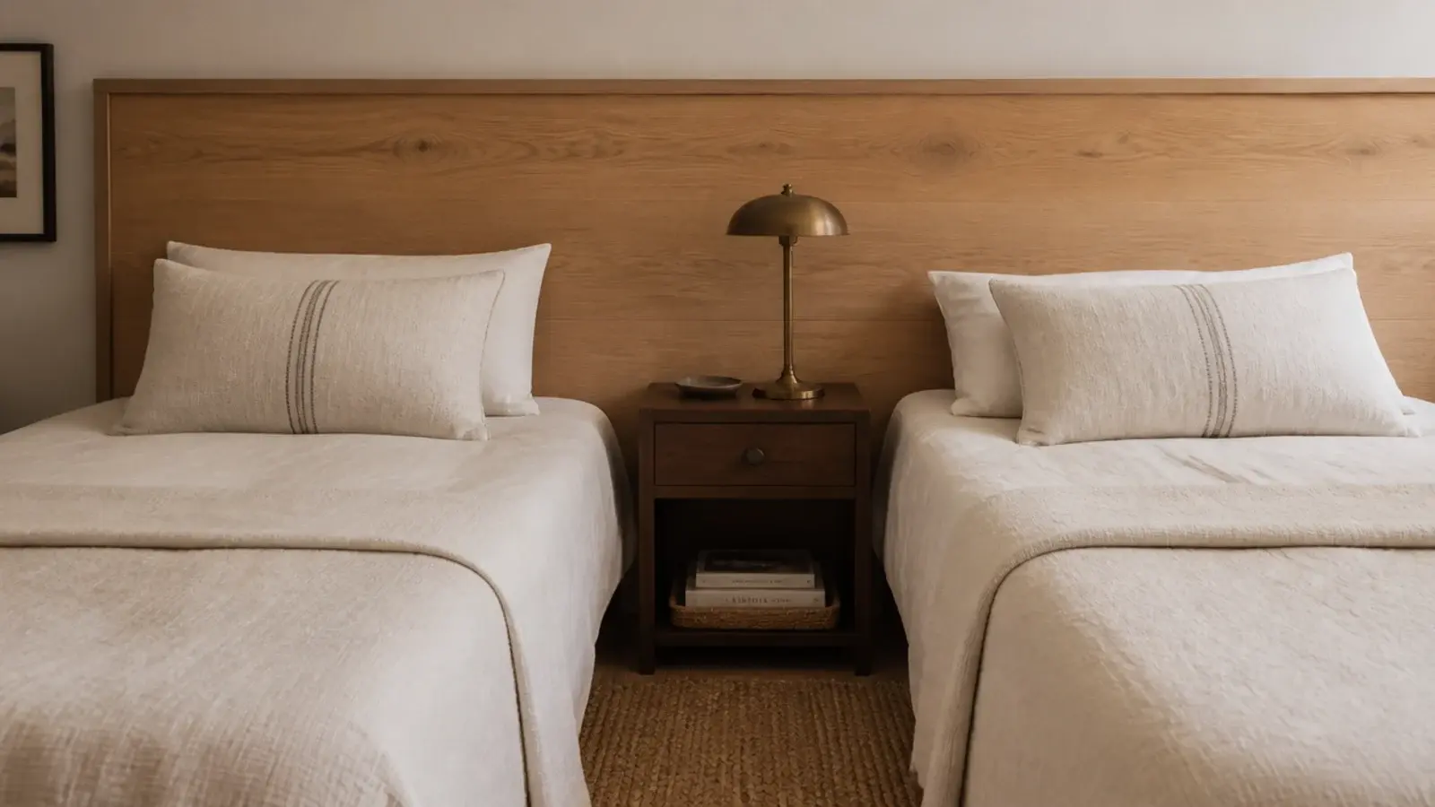 one long floating panel running behind two twin guest beds