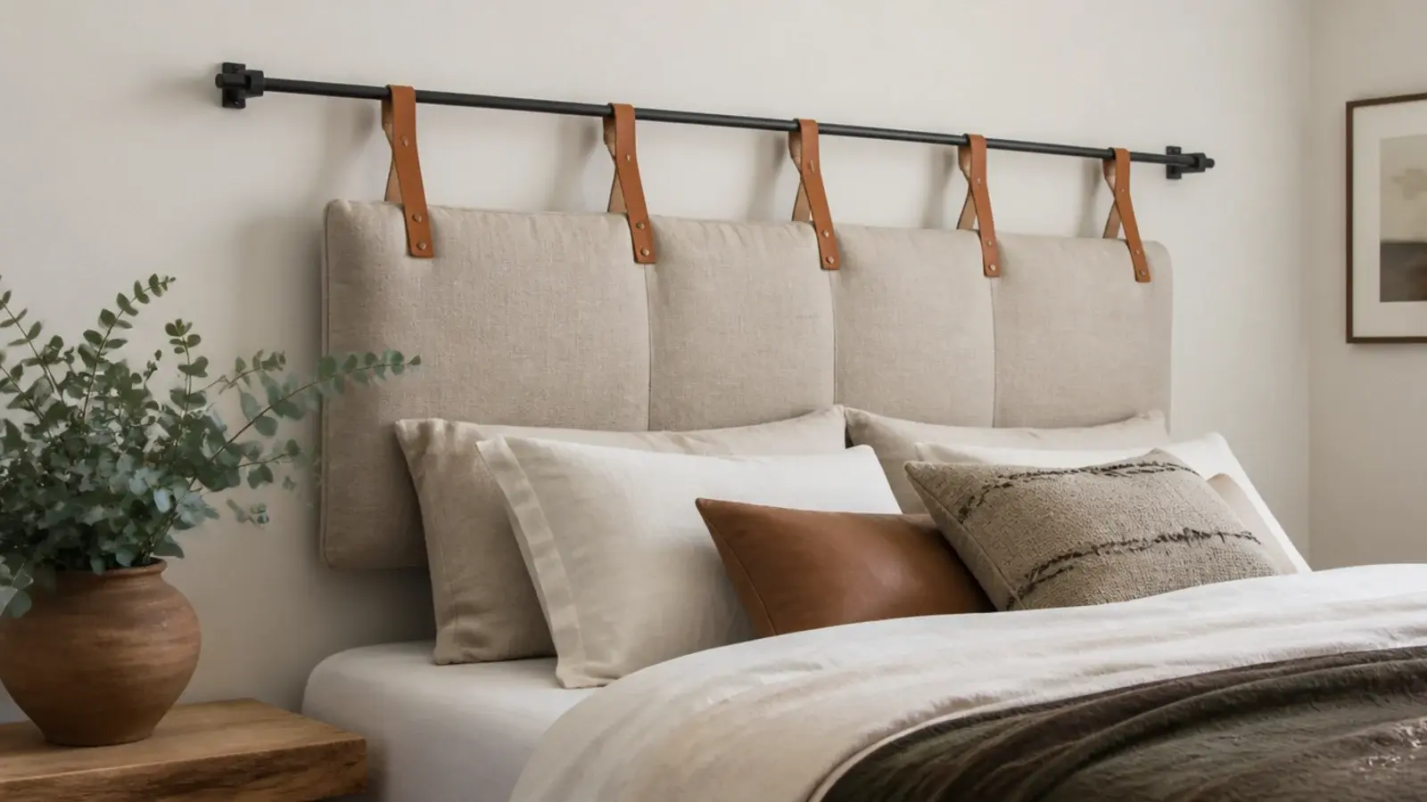 padded headboard hanging from leather straps over a black rod