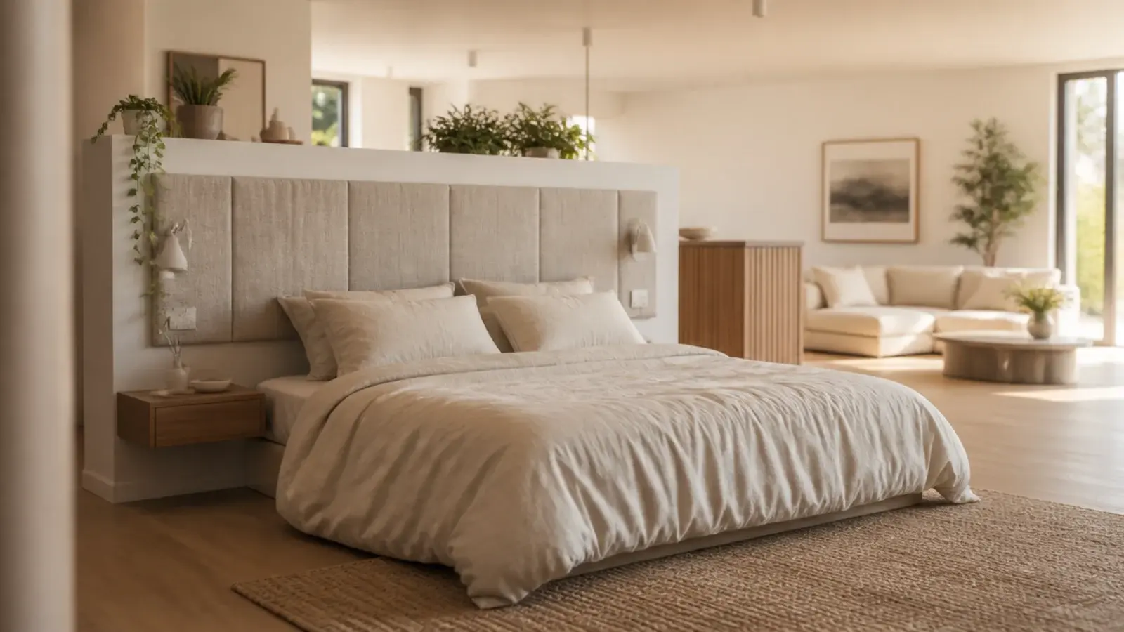 floating panel mounted on a half height divider behind a bed