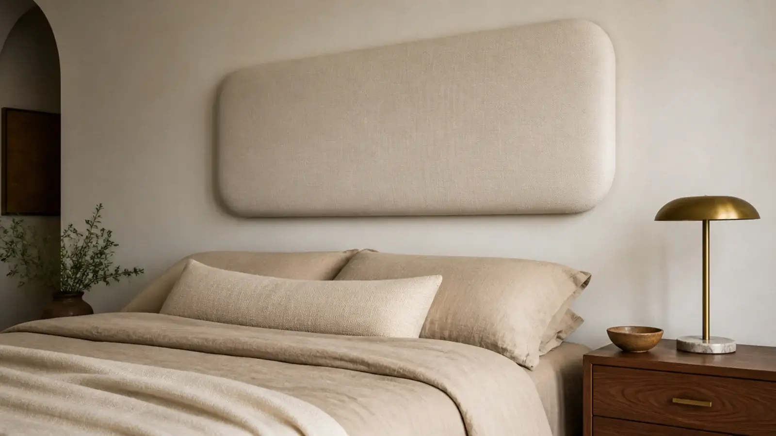 floating headboard panel with softly rounded corners above a bed
