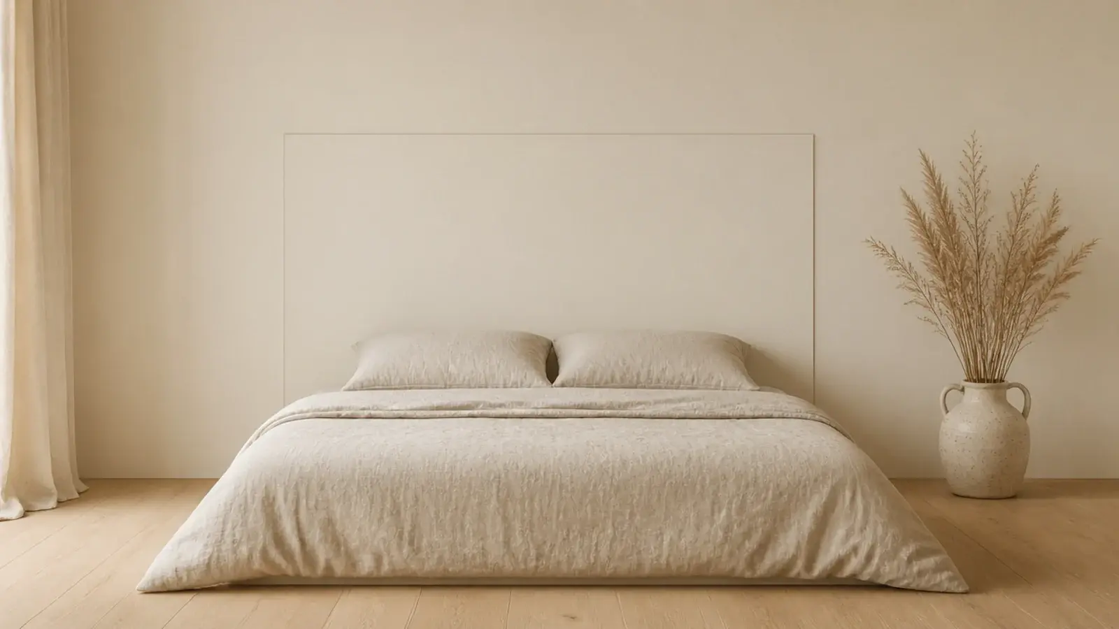 floating wood panel painted the wall color behind a low bed