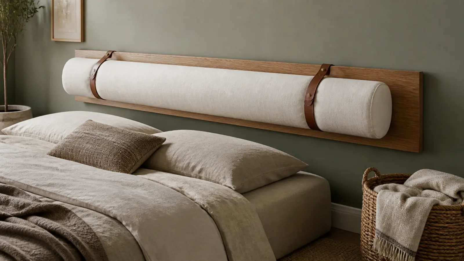 long bolster strapped across a floating panel behind the pillows