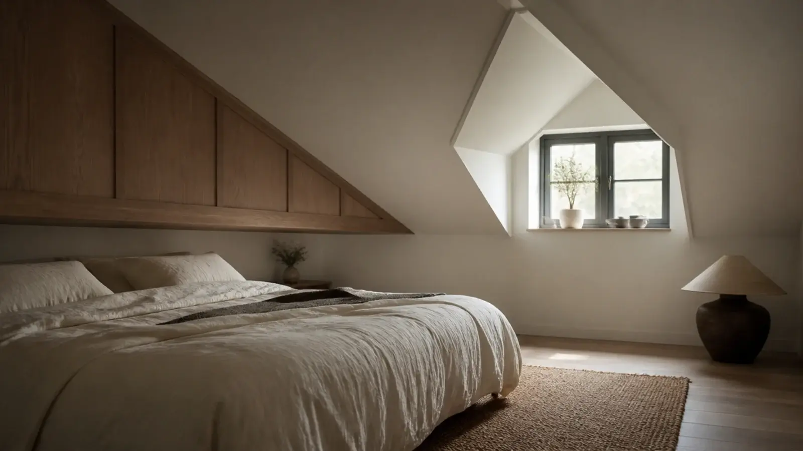 floating headboard fitted under a sloped attic ceiling above a bed