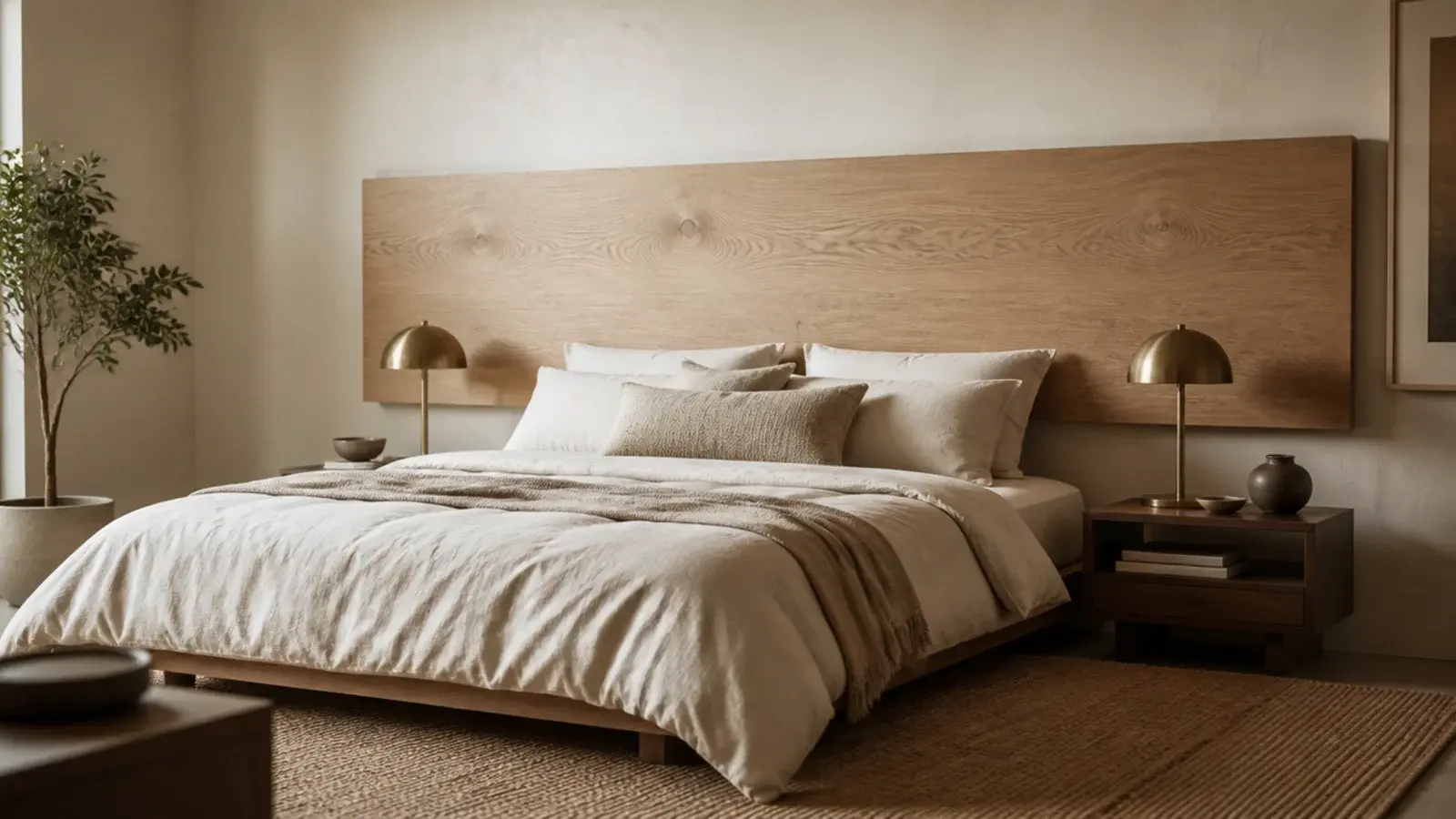 floating headboard panel hung on a cleat above a low linen bed