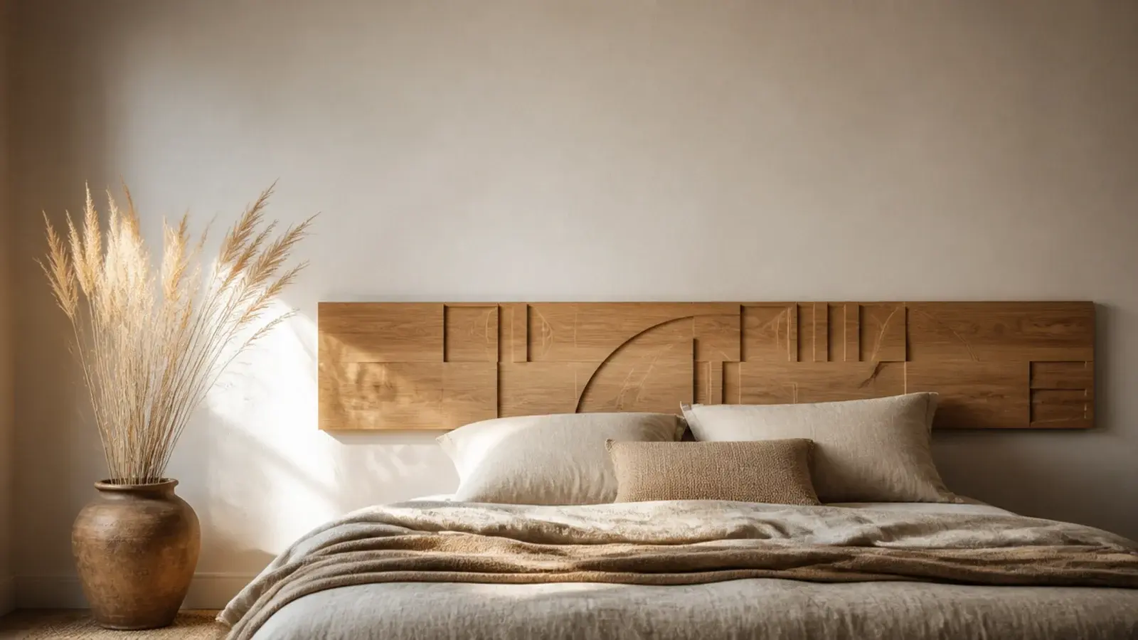 vertical floating headboard scene with a cleated oak panel above bed