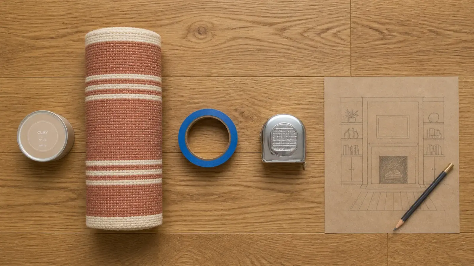 paint sample pot rolled rug and tape measure laid out on floorboards