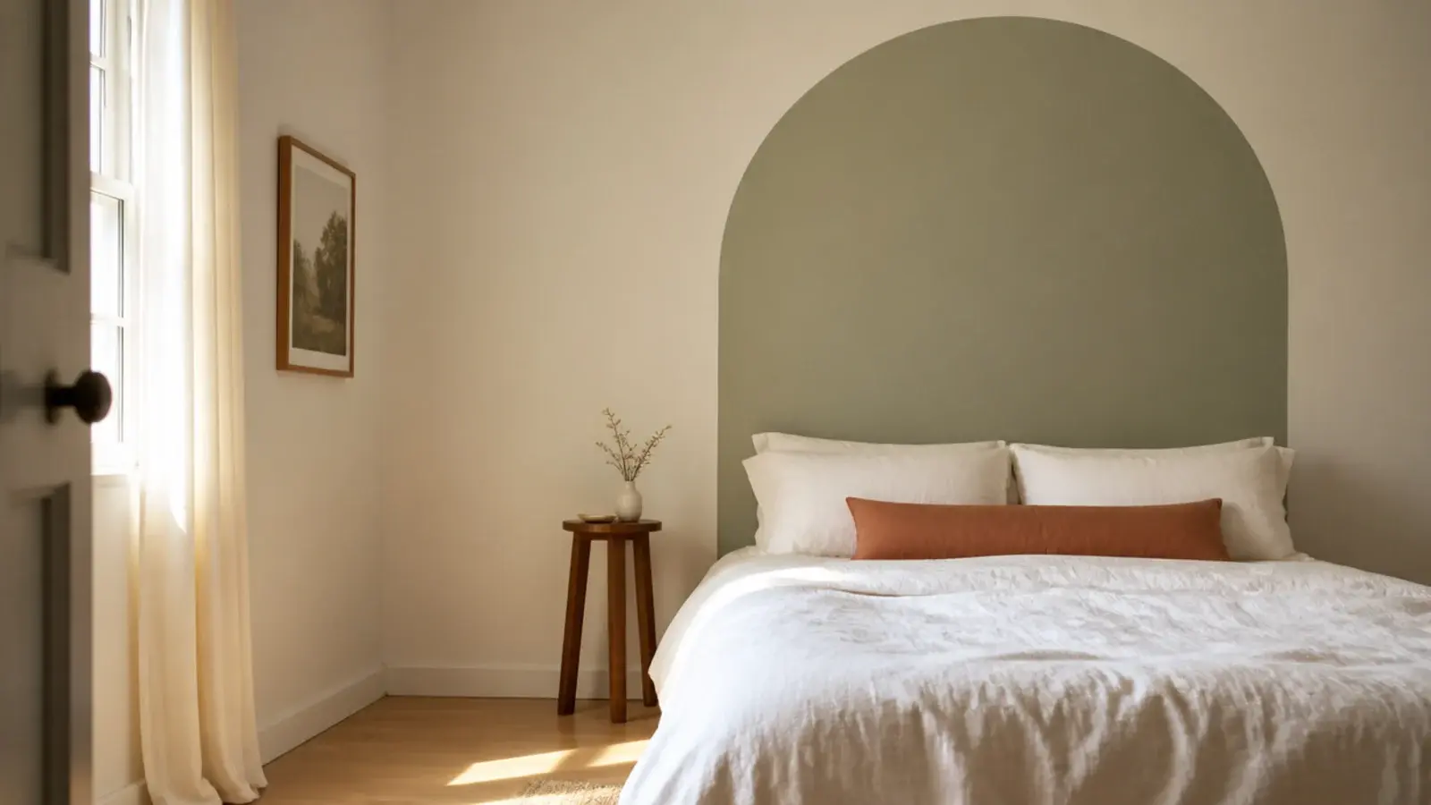 soft sage painted arch rising above a bed as a simple headboard alternative