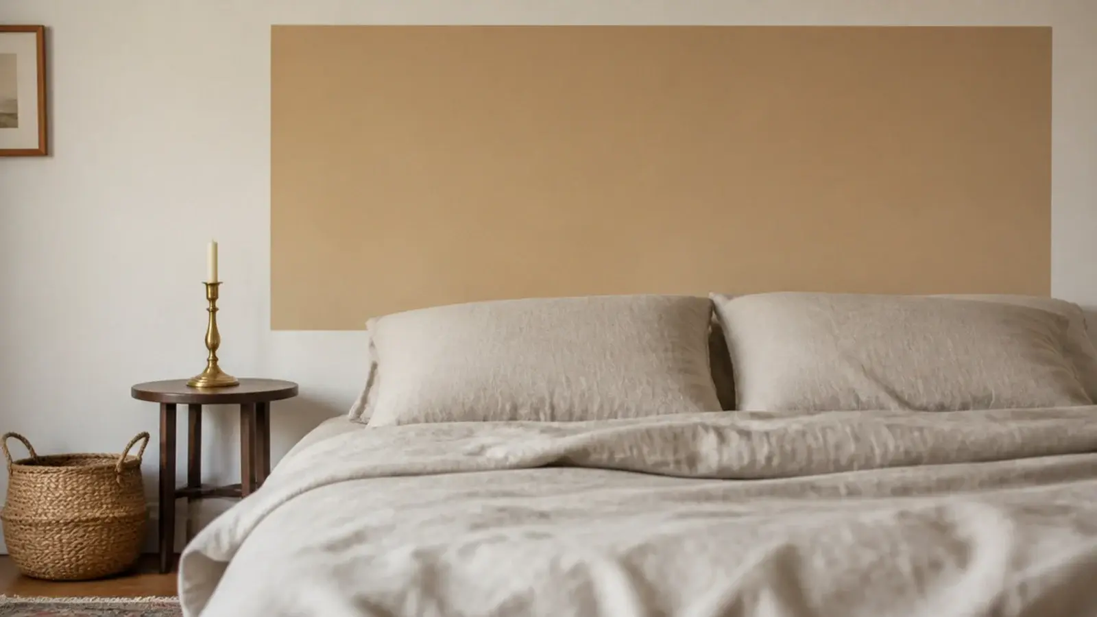 deep sand painted rectangle behind a bed forming a flat graphic bed frame