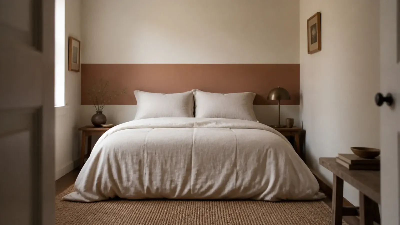 wide painted colour band running across a bedroom wall behind a low bed