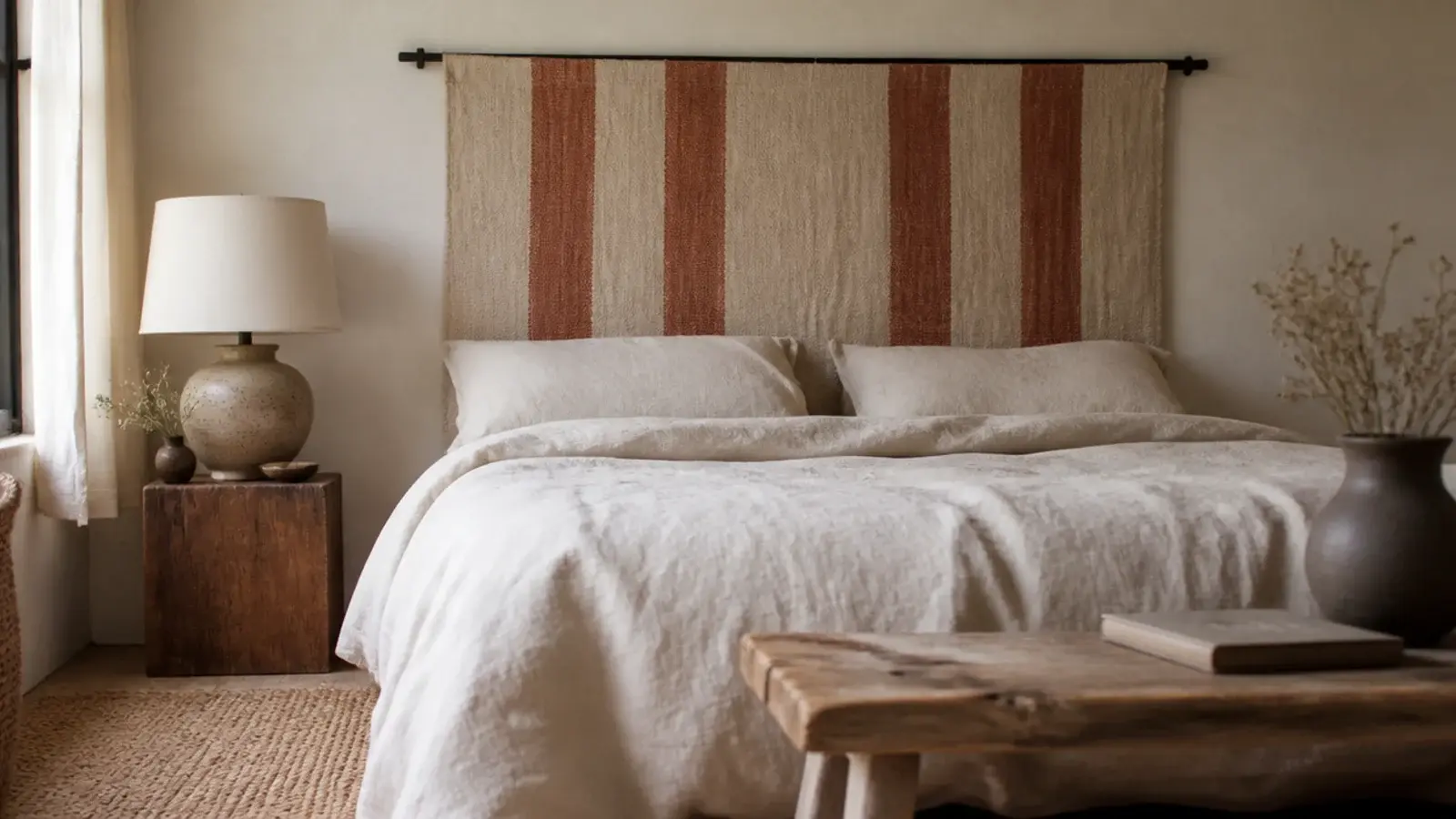 striped flat weave wool rug hung on a slim rod above a bed