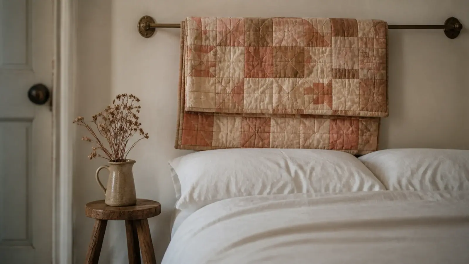 faded patchwork quilt folded over a brass rod above a neatly made bed