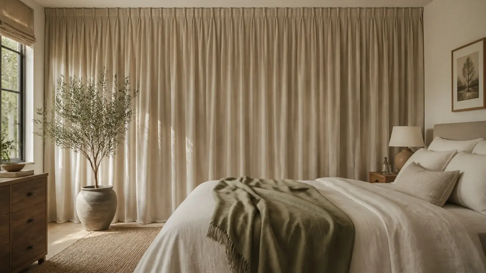 floor to ceiling linen curtain hung across a bed wall as a soft backdrop