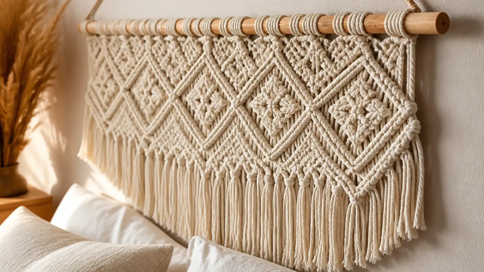 natural macrame wall hanging suspended above a bed with fringed cotton cords