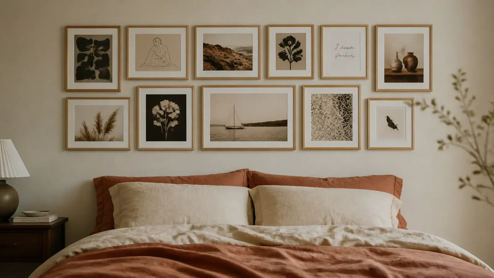 framed prints arranged in a wide rectangle above a bed like a headboard