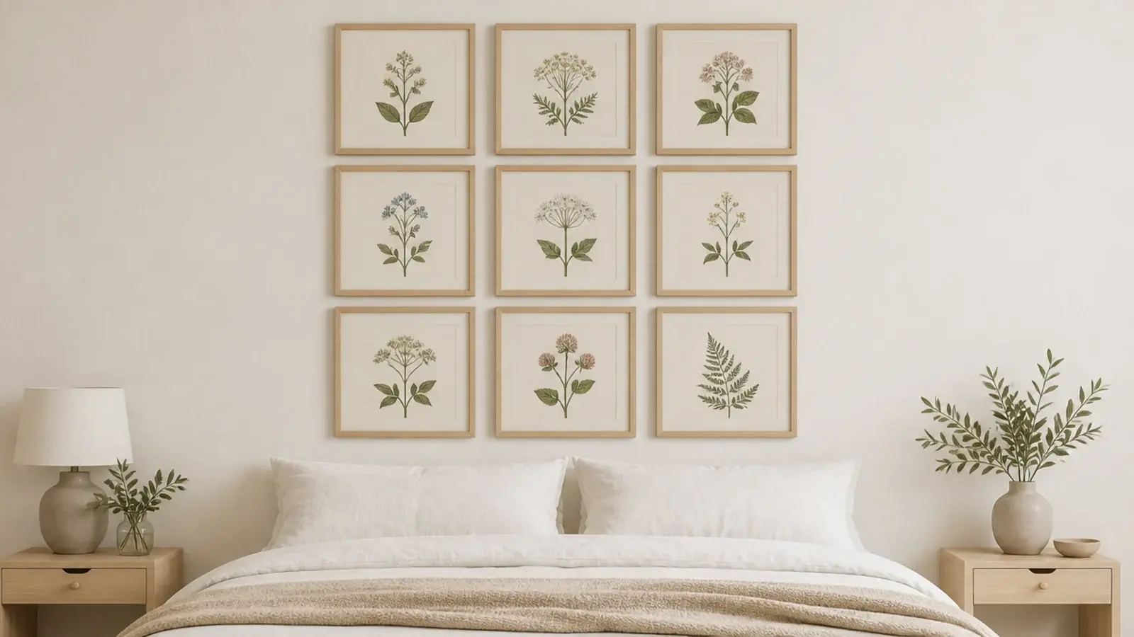 nine matching oak frames in a three by three grid above a linen bed