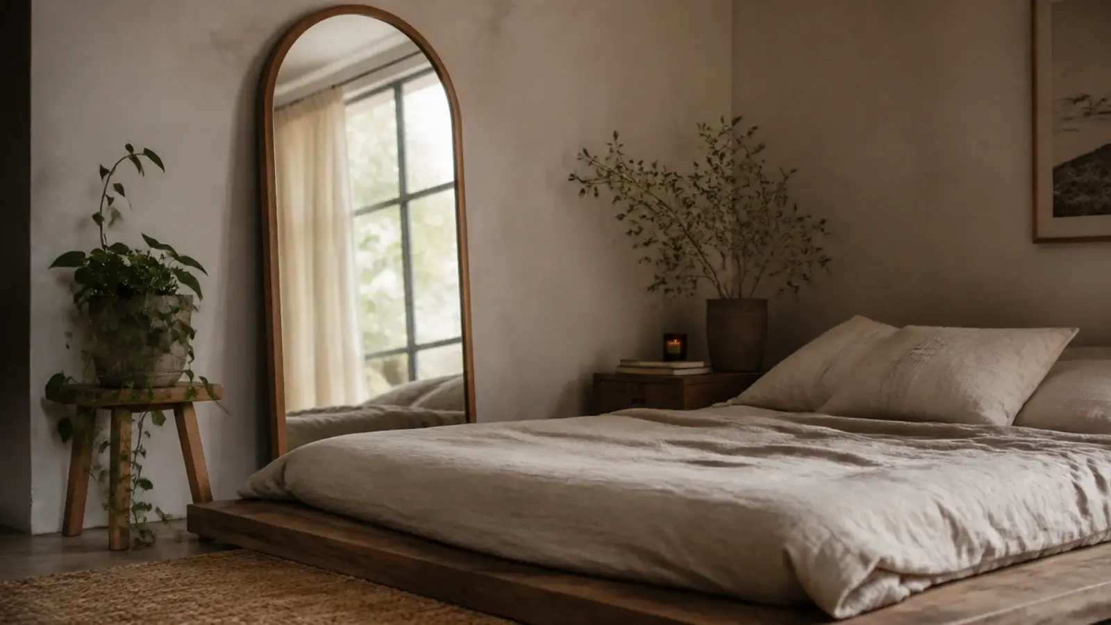 tall arched mirror leaning against the wall behind a low bed frame