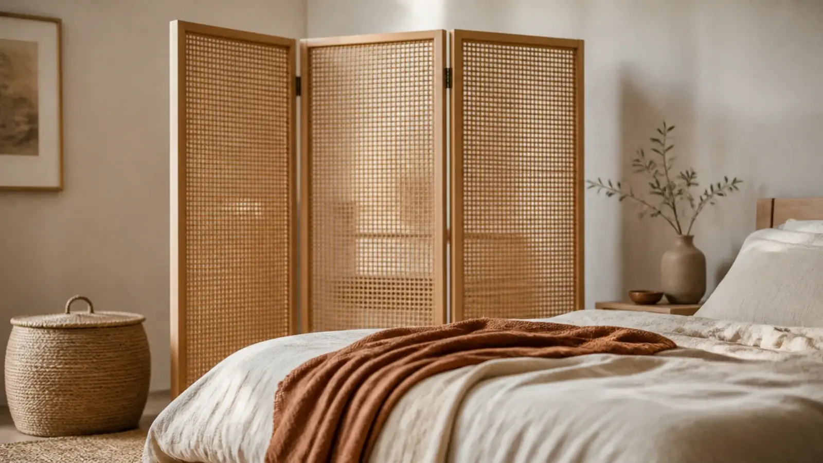 three panel timber folding screen standing behind a bed as a soft divider