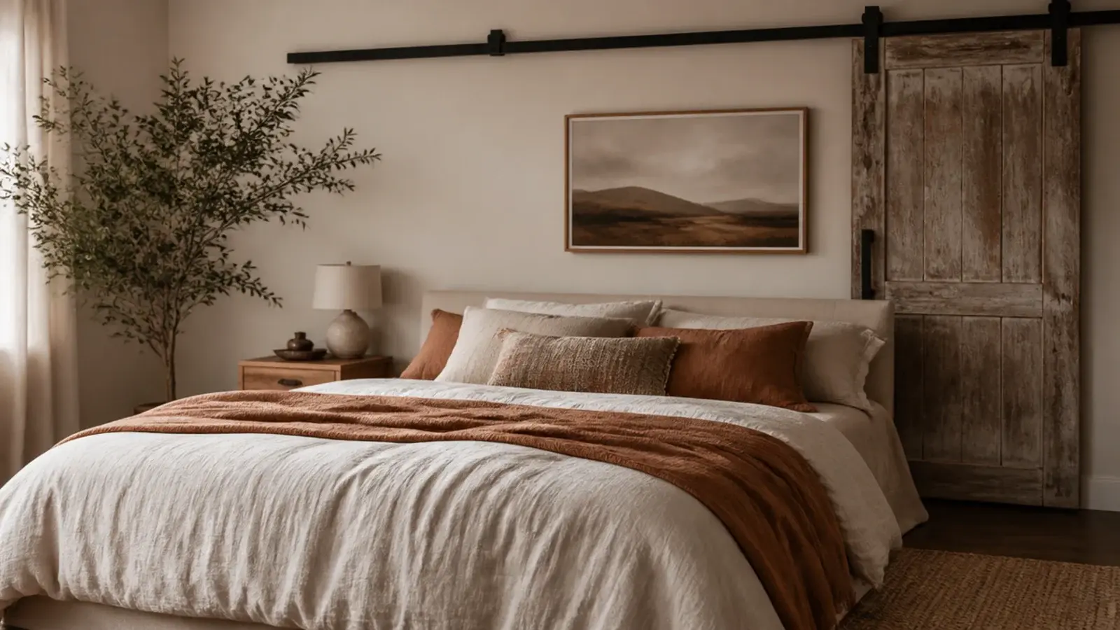salvaged timber door hung on a black barn track behind a bed